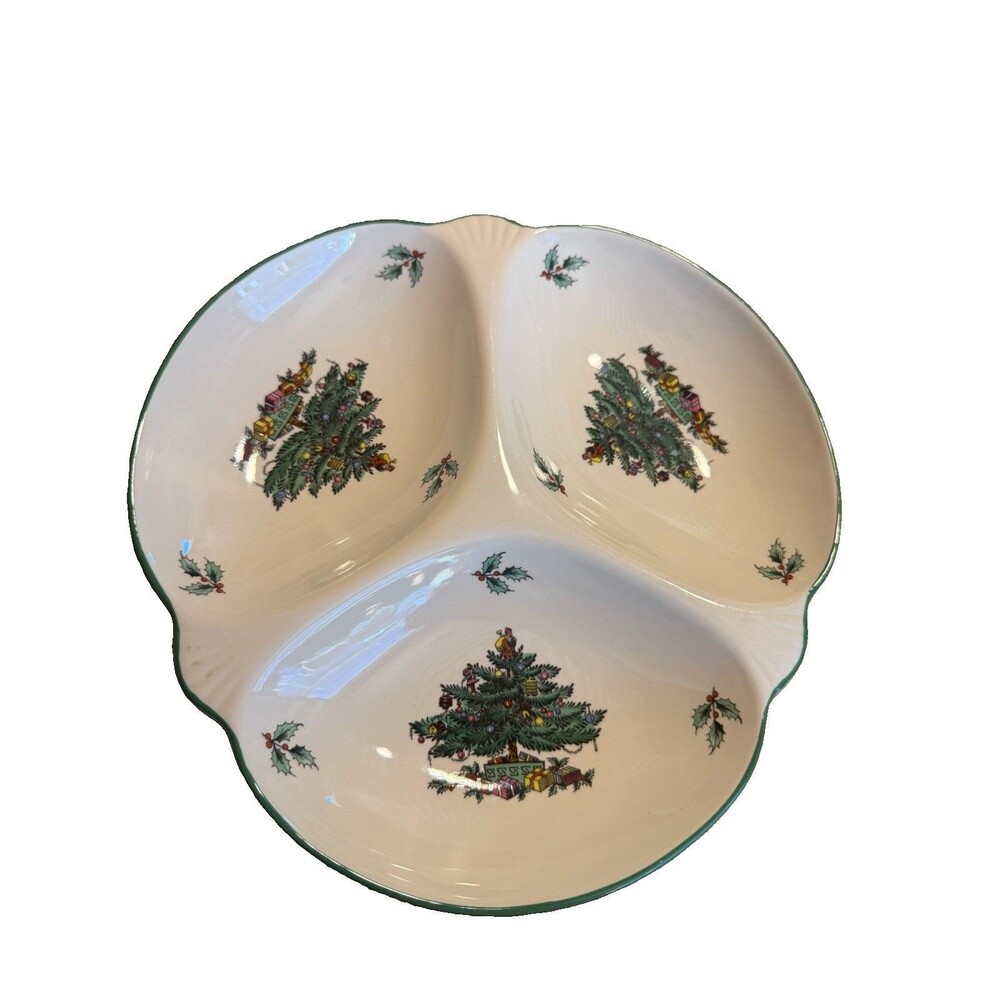 Spode Christmas Tree Porcelain 3-Part Section Relish Dish Tray 9-5/8" England
